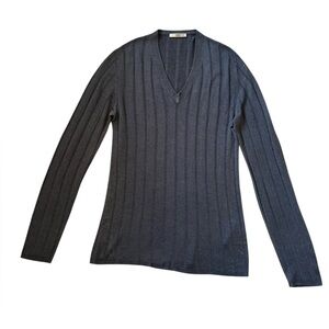 PRADA Made in Italy Men’s Cashmere Silk Ribbed V-Neck Sweater Gray 52 L